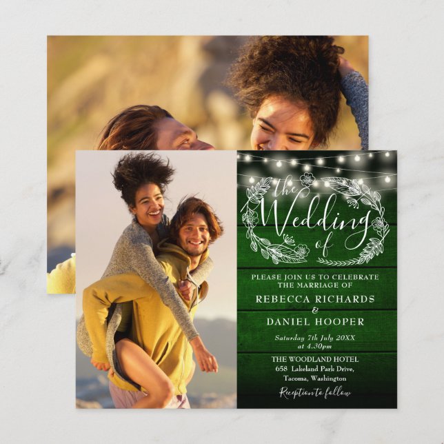 Lámina Invitación de boda con luces rústicas verdes econó (Anverso / Reverso)