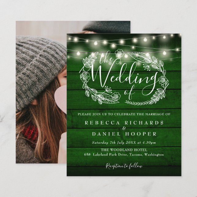 Lámina Invitación de boda con luces rústicas verdes presu (Anverso / Reverso)