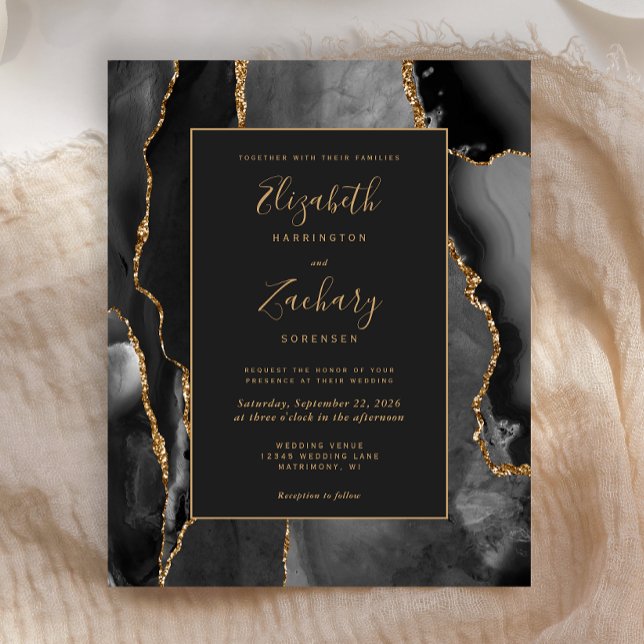 Lámina Invitación de boda con marco de ágata negra dorada (Subido por el creador)