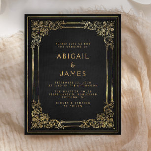 Lámina Invitación de boda con marco vintage negro dorado