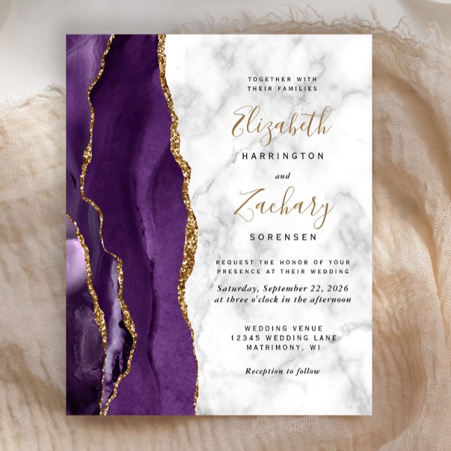 Lámina Invitación de boda con mármol de ágata morada dora (Subido por el creador)