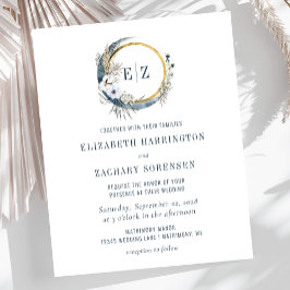 Lámina Invitación de boda con monograma azul luna boho ec