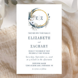 Lámina Invitación de boda con monograma azul luna boho ec
