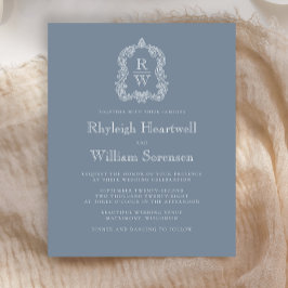 Lámina Invitación de boda con monograma crest en azul pol