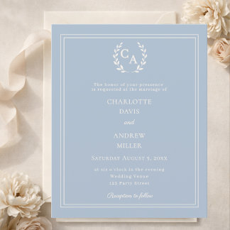 Lámina Invitación de boda con monograma de corona de azul