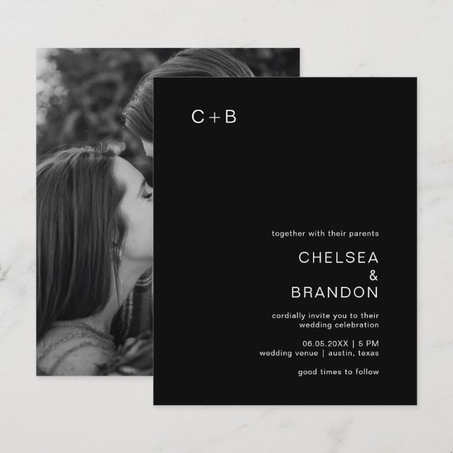 Lámina Invitación de boda con monograma negro, moderna y  (Anverso / Reverso)