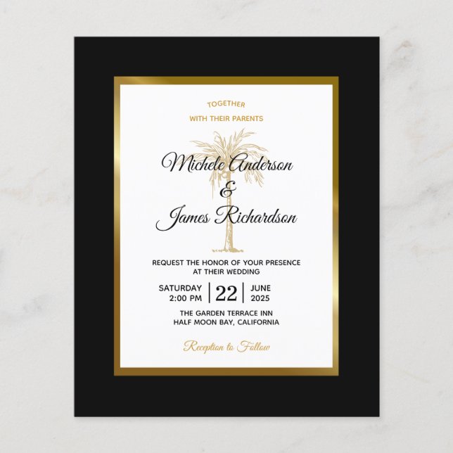 Lámina Invitación de boda con palmera de oro negro económ (Anverso)
