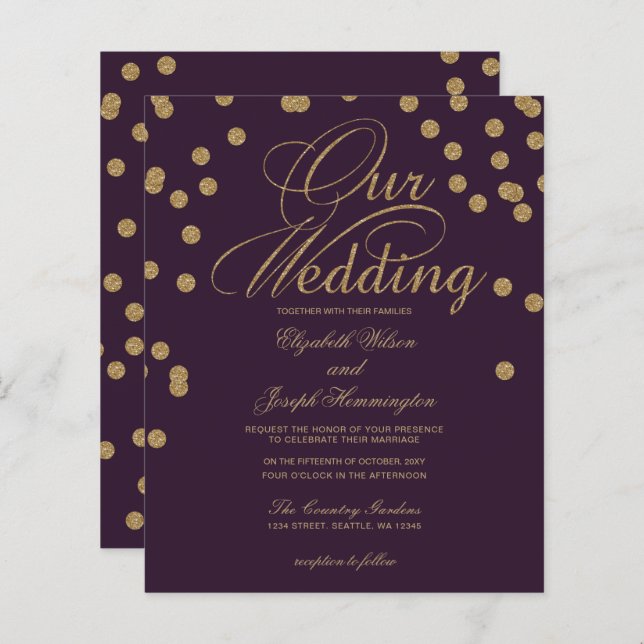 Lámina Invitación de boda con purpurina de confeti morada (Anverso / Reverso)