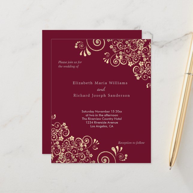 Lámina Invitación de Boda con Remolinos Dorados de Borgoñ (Anverso/Reverso In Situ)