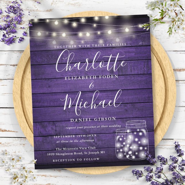 Lámina Invitación de boda con tarros de mason de madera p (Budget Purple Wood Mason Jars Wedding Invitation)