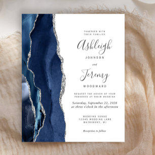Lámina Invitación de boda de ágata azul marino plateada e