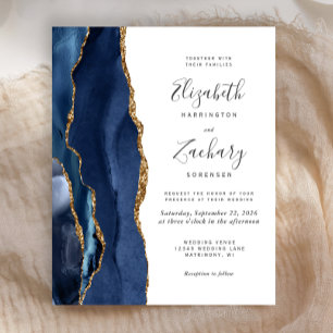 Lámina Invitación de boda de ágata dorada azul marino eco