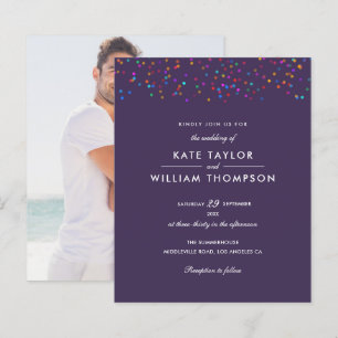 Lámina Invitación de boda de arcoíris de confeti morado p