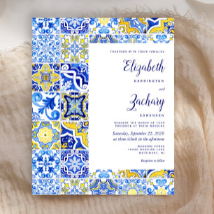 Lámina Invitación de boda de azulejo portugués azul y ama