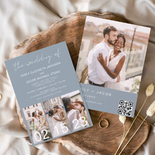 Lámina Invitación de boda de caligrafía con código QR azu