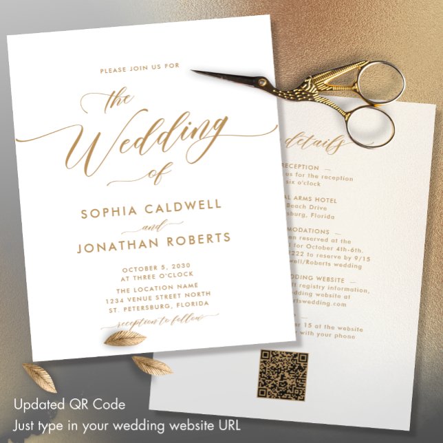 Lámina Invitación de boda de caligrafía de oro para presu (Updated QR Code Budget All in One Gold Calligraphy Wedding Invitation)