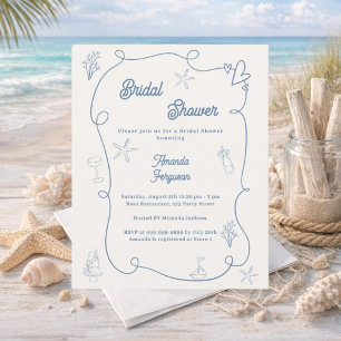 Lámina invitación de boda de dibujo a mano de color azul 