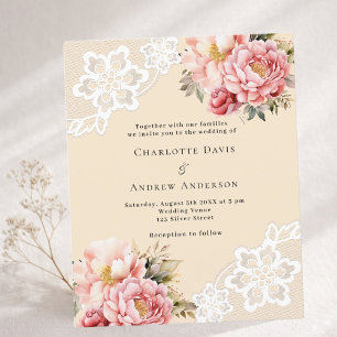 Lámina Invitación de boda de encaje floral rosa beige