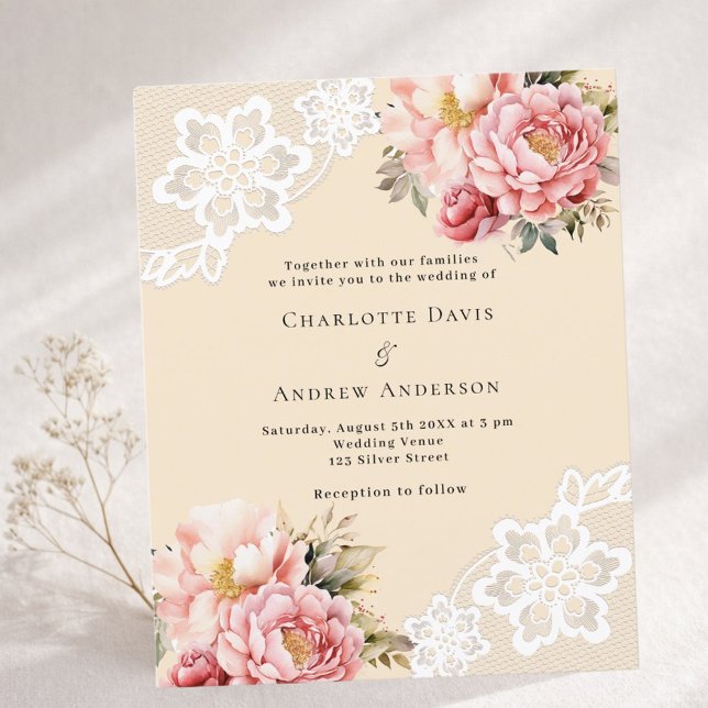 Lámina Invitación de boda de encaje floral rosa beige (Subido por el creador)