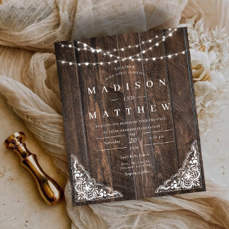 Lámina Invitación de boda de encaje rústico de madera eco