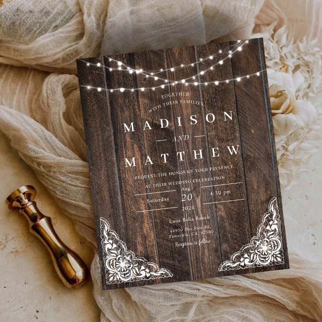 Lámina Invitación de boda de encaje rústico de madera eco (Budget Wood Rustic Lace Wedding Invitation)