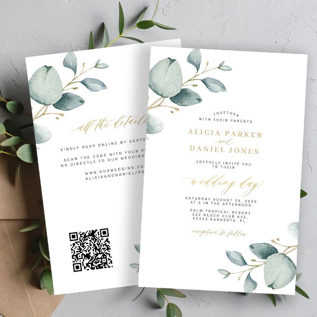 Lámina Invitación de boda de eucalipto con código QR todo (Subido por el creador)