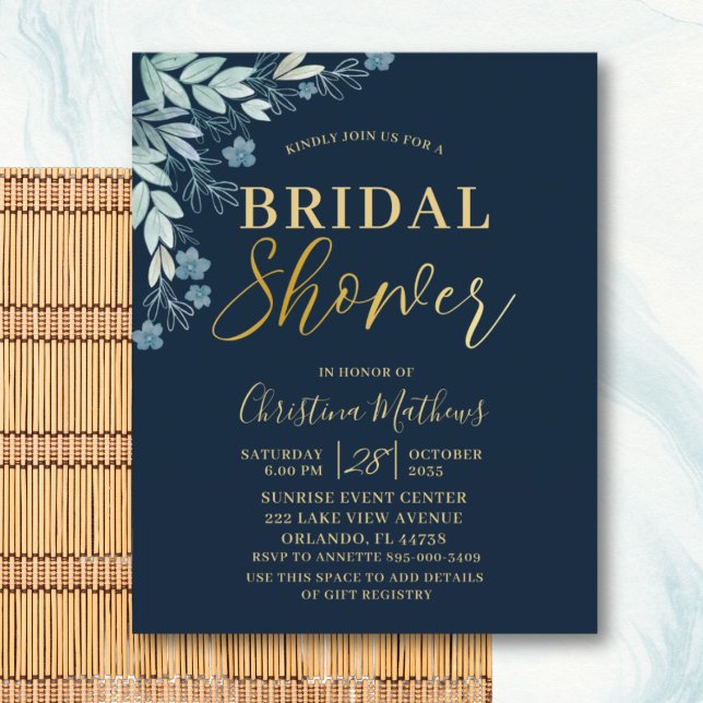 Lámina Invitación de boda de flores azules y doradas con  (Subido por el creador)
