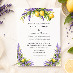 Lámina Invitación de boda de flores de lavanda y limones