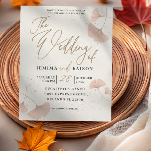 Lámina Invitación de boda de ginkgo dorado y terracota pr