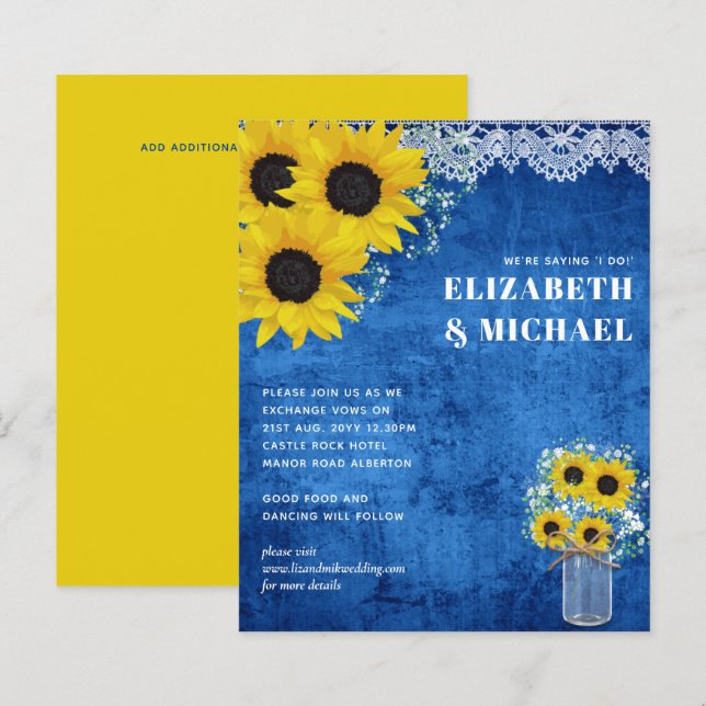 Lámina Invitación de Boda de Girasoles Amarillos y Azules (Anverso / Reverso)