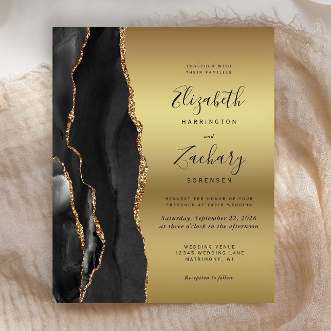 Lámina Invitación de boda de glamour dorado de ágata negr (Subido por el creador)