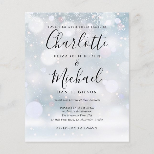 Lámina Invitación de boda de invierno copos de nieve pres (Anverso)