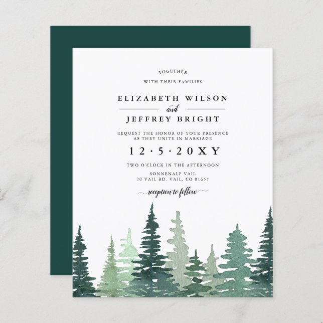 Lámina Invitación de boda de invierno en bosque de pinos  (Anverso / Reverso)