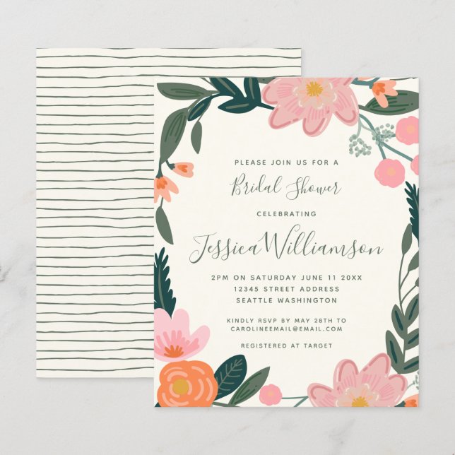 Lámina Invitación de boda de jardín floral rosa presupues (Anverso / Reverso)
