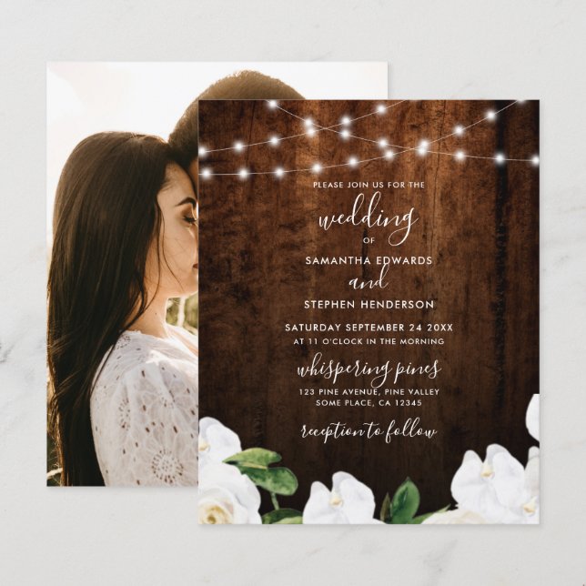 Lámina Invitación de Boda de Madera Floral con Luces de C (Anverso / Reverso)
