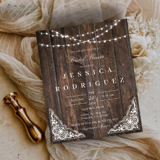 Lámina Invitación de boda de madera rústica con encaje pa