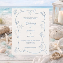 Invitación de boda de marfil azul costero dibujada