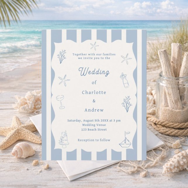 Lámina Invitación de boda de marfil azul de playa dibujad (Subido por el creador)