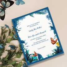 Invitación de boda de mariposa botánica azul
