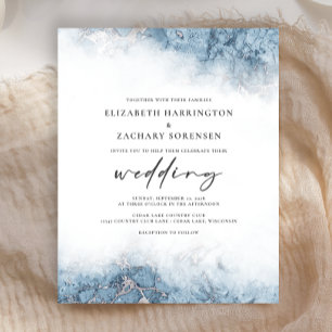 Lámina Invitación de boda de mármol azul plateado económi
