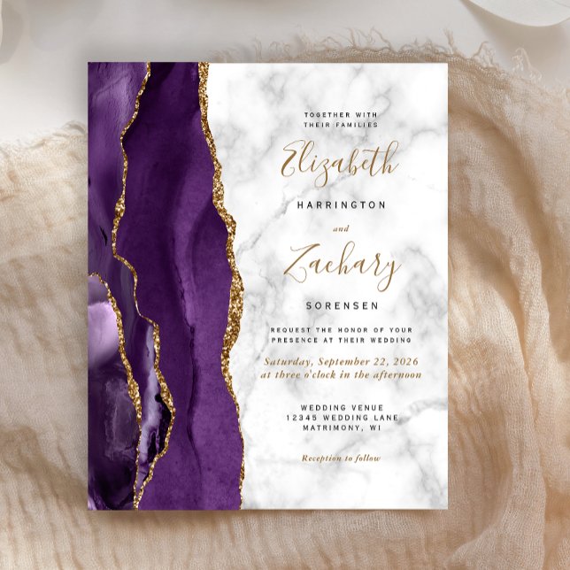 Lámina Invitación de boda de mármol con ágata morada dora (Subido por el creador)