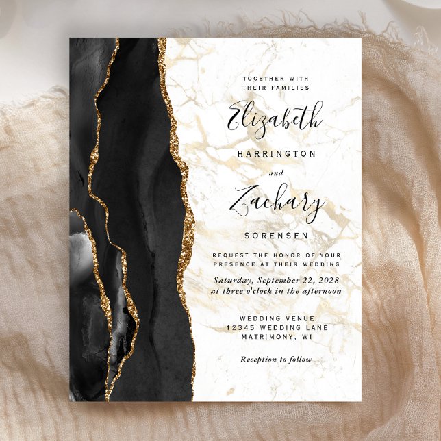 Lámina Invitación de boda de mármol dorado de ágata negra (Subido por el creador)