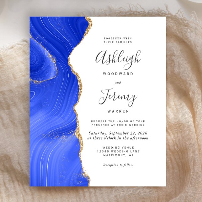 Lámina Invitación de boda de ónix dorado azul real económ (Subido por el creador)
