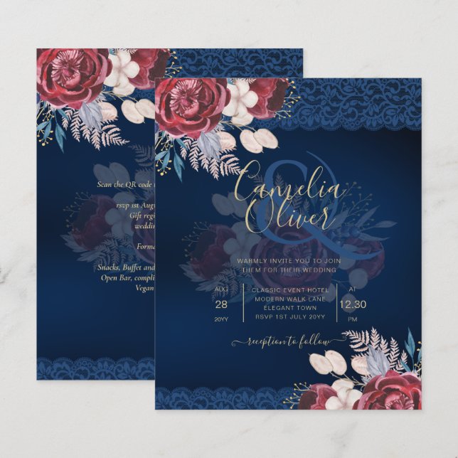 Lámina Invitación de Boda de Otoño con Encaje y Rosas Azu (Anverso / Reverso)