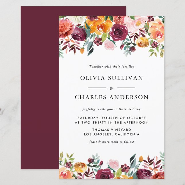 Lámina Invitación de boda de otoño con flores en acuarela (Anverso / Reverso)