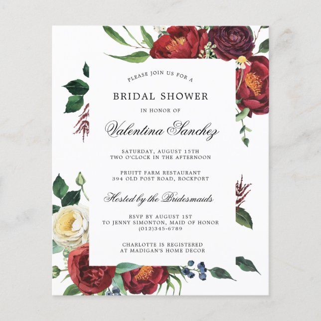 Lámina Invitación de boda de presupuesto con flores rojas (Anverso)