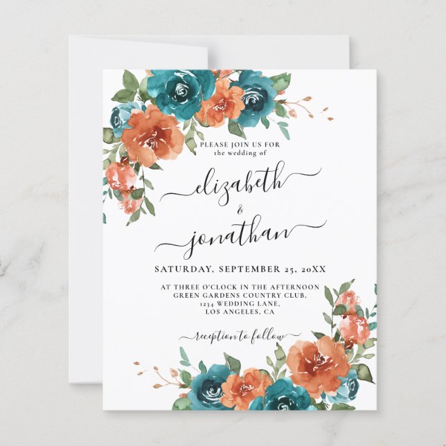 Lámina Invitación de boda de presupuesto de naranja quema (Anverso)