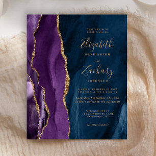 Lámina Invitación de boda de presupuesto púrpura oro azul