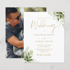Lámina Invitación de boda dorada con foto de vegetación e