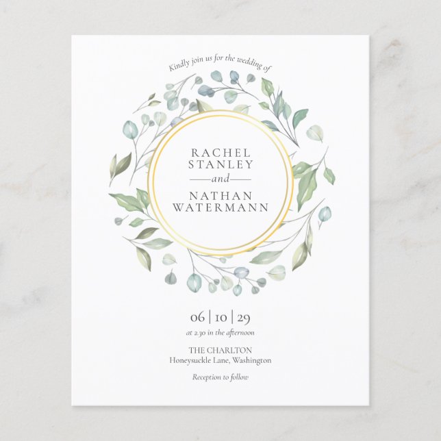 Lámina Invitación de boda dorada con guirnalda de vegetac (Anverso)